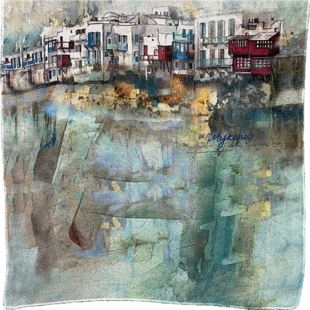 Cabeli Art Design Studio Scarf NWT Depicting Mykonos Landscape